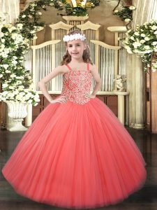 Coral Red Tulle Lace Up Straps Sleeveless Floor Length Pageant Dress Womens Beading