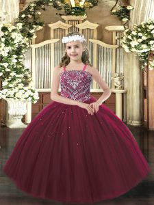 Fantastic Burgundy Straps Lace Up Beading Pageant Gowns For Girls Sleeveless