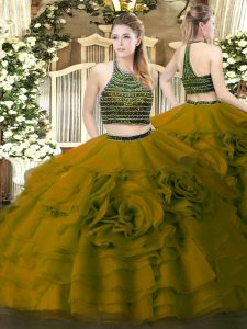 Customized Sleeveless Floor Length Beading and Ruffled Layers Zipper 15 Quinceanera Dress with Olive Green