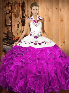 Satin and Organza Sleeveless Floor Length Sweet 16 Quinceanera Dress and Embroidery and Ruffles