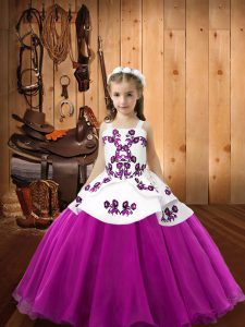 Fuchsia Sleeveless Floor Length Embroidery Zipper Little Girls Pageant Gowns