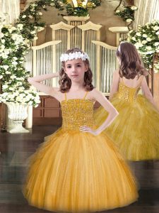 Customized Gold Tulle Lace Up Spaghetti Straps Sleeveless Floor Length Little Girls Pageant Dress Beading and Ruffles