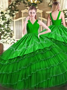 On Sale Satin and Organza V-neck Sleeveless Zipper Embroidery and Ruffled Layers Ball Gown Prom Dress in Green