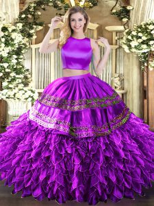 Floor Length Eggplant Purple Ball Gown Prom Dress Tulle Sleeveless Ruffles and Sequins