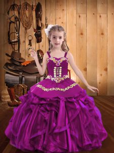 Fuchsia Pageant Gowns Party and Sweet 16 and Wedding Party with Embroidery and Ruffles Straps Sleeveless Lace Up