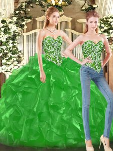 Green 15 Quinceanera Dress Military Ball and Sweet 16 and Quinceanera with Beading and Ruffles Sweetheart Sleeveless Lace Up