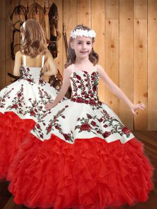 Sleeveless Floor Length Embroidery and Ruffles Lace Up Child Pageant Dress with Red