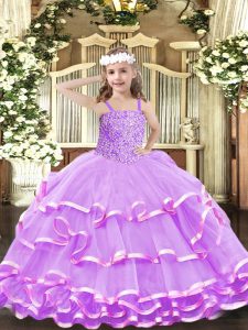Lovely Lilac Organza Lace Up Pageant Dress Toddler Sleeveless Floor Length Beading and Ruffled Layers