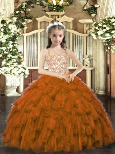 High End Straps Sleeveless Pageant Dress for Teens Floor Length Beading and Ruffles Brown Organza