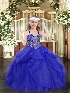 Latest Blue Winning Pageant Gowns Party and Quinceanera with Beading and Ruffles Straps Sleeveless Lace Up