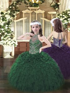 Dark Green Sleeveless Organza Lace Up Pageant Dress Womens for Party and Quinceanera