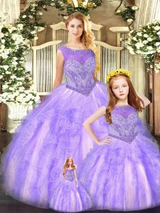 Dynamic Lavender Lace Up Scoop Beading and Ruffles Ball Gown Prom Dress Organza Sleeveless