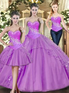 Latest Lilac Sleeveless Tulle Lace Up Quinceanera Gowns for Military Ball and Sweet 16 and Quinceanera