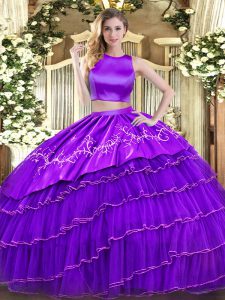 Purple High-neck Neckline Embroidery and Ruffled Layers Quinceanera Gown Sleeveless Criss Cross