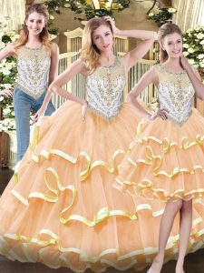 Peach Zipper 15th Birthday Dress Beading and Ruffled Layers Sleeveless Floor Length