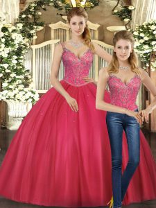 Hot Pink Tulle Lace Up 15 Quinceanera Dress Sleeveless Floor Length Beading