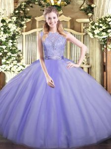 Lavender Sleeveless Floor Length Lace Backless Sweet 16 Dress