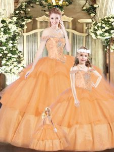 Orange Red Sweet 16 Quinceanera Dress Military Ball and Sweet 16 and Quinceanera with Beading Off The Shoulder Sleeveless Lace Up