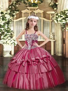 Hot Pink Lace Up Little Girl Pageant Gowns Appliques and Ruffled Layers Sleeveless Floor Length