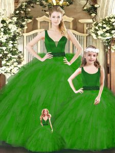 Graceful Green Ball Gowns Organza V-neck Sleeveless Beading and Ruffles Floor Length Zipper 15 Quinceanera Dress