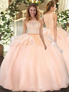 Popular Sleeveless Organza Floor Length Clasp Handle Sweet 16 Dress in Peach with Lace