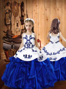Royal Blue Lace Up High School Pageant Dress Embroidery and Ruffles Sleeveless Floor Length