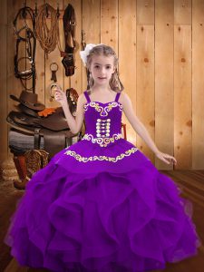 Eggplant Purple Lace Up Straps Embroidery and Ruffles Pageant Gowns Organza Sleeveless