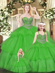 Best Selling Green Ball Gowns Sweetheart Sleeveless Organza Floor Length Lace Up Beading and Ruffled Layers Vestidos de Quinceanera