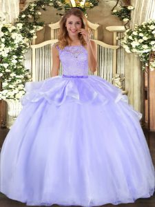 Comfortable Floor Length Lavender Quince Ball Gowns Organza Sleeveless Lace