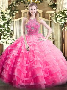 Latest Halter Top Sleeveless Quince Ball Gowns Floor Length Beading and Ruffled Layers Rose Pink Organza