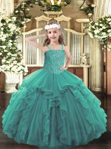 Turquoise Straps Lace Up Beading and Ruffles Pageant Dresses Sleeveless