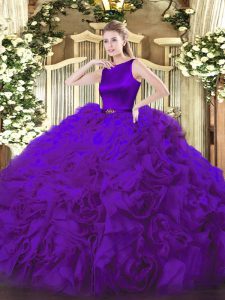 Stylish Purple Sleeveless Fabric With Rolling Flowers Clasp Handle Quinceanera Gown for Military Ball and Sweet 16 and Quinceanera