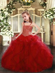 Beauteous Red Lace Up Straps Beading and Ruffles Winning Pageant Gowns Tulle Sleeveless