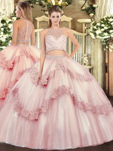 Tulle Scoop Sleeveless Zipper Beading and Appliques Quinceanera Dress in Baby Pink