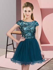 Teal Scoop Neckline Sequins Court Dresses for Sweet 16 Cap Sleeves Zipper