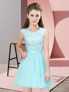 Mini Length Side Zipper Vestidos de Damas Aqua Blue for Prom and Party and Wedding Party with Lace