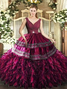 Colorful Burgundy Sleeveless Floor Length Beading and Ruffles Backless Quinceanera Gown