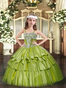Latest Floor Length Olive Green Kids Pageant Dress Straps Sleeveless Lace Up