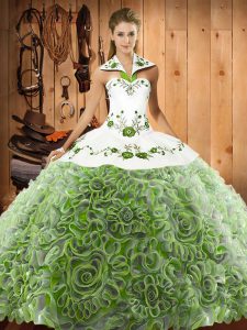 Attractive Multi-color Lace Up Halter Top Embroidery Ball Gown Prom Dress Fabric With Rolling Flowers Sleeveless Sweep Train