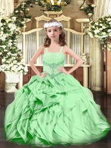Green Straps Neckline Beading and Ruffles Pageant Dress for Girls Sleeveless Lace Up