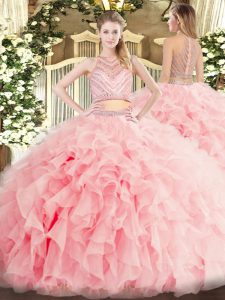 High Class Two Pieces Quinceanera Dress Baby Pink Scoop Tulle Sleeveless Floor Length Zipper