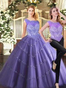 Glittering Floor Length Two Pieces Sleeveless Lavender Ball Gown Prom Dress Zipper
