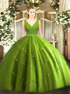 V-neck Sleeveless 15th Birthday Dress Floor Length Beading Olive Green Tulle