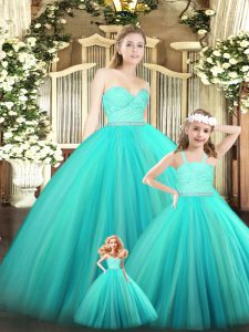 Top Selling Tulle Sweetheart Sleeveless Zipper Beading and Lace Quinceanera Dresses in Turquoise