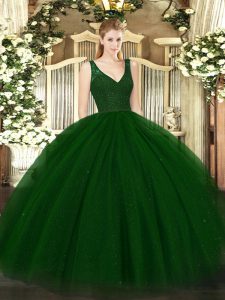 Dark Green Sleeveless Tulle Backless Vestidos de Quinceanera for Military Ball and Sweet 16 and Quinceanera