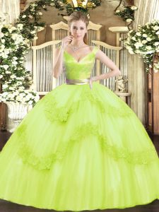 Yellow Green Sleeveless Floor Length Beading and Appliques Zipper Quinceanera Dresses