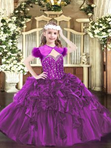 Fuchsia Lace Up Straps Beading and Ruffles Glitz Pageant Dress Organza Sleeveless