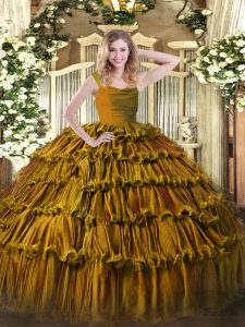 Glittering Brown Straps Zipper Ruffled Layers 15th Birthday Dress Sleeveless