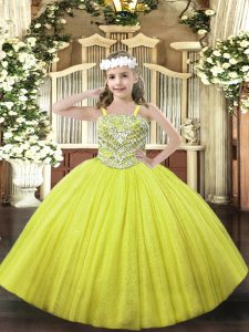 Simple Yellow Lace Up Straps Beading High School Pageant Dress Tulle Sleeveless