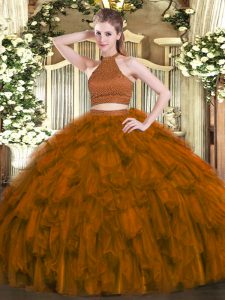 Fantastic Beading and Ruffles 15th Birthday Dress Brown Backless Sleeveless Floor Length